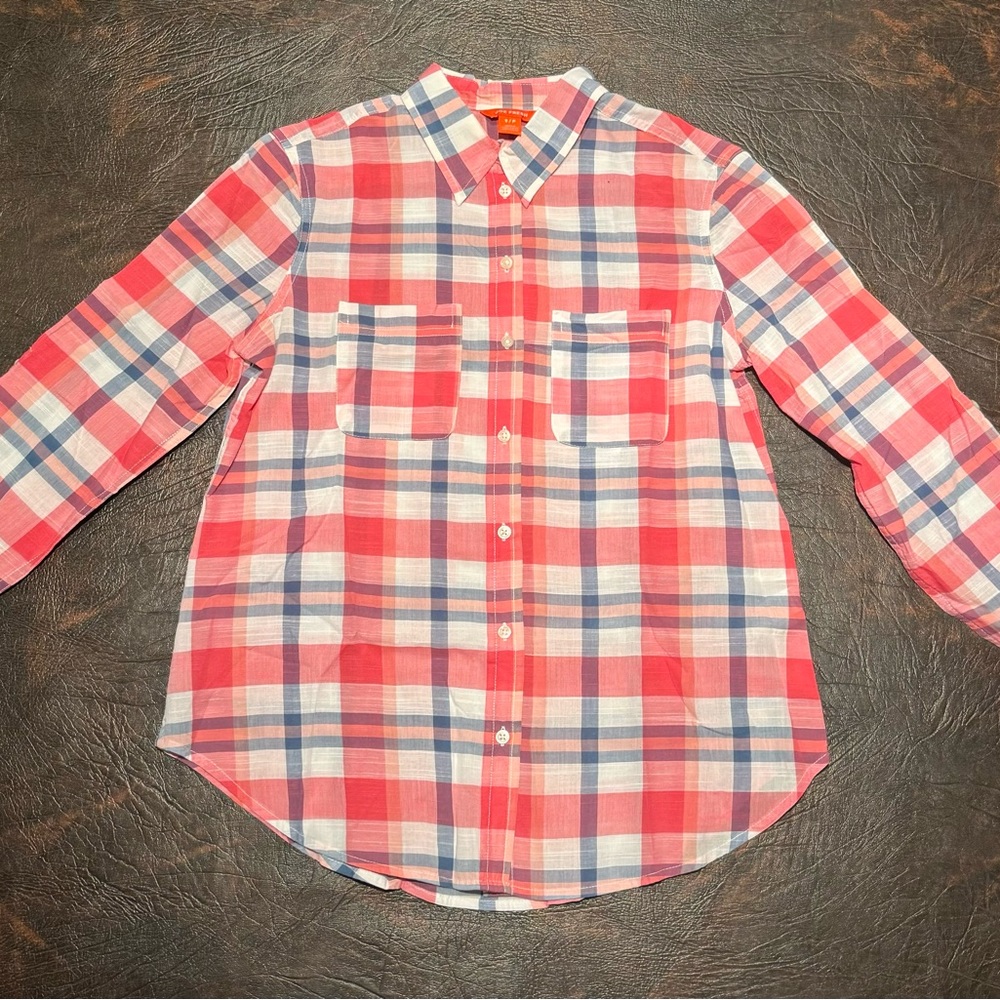 Joe Fresh button down shirt, size small/P, red, blue, and white in color.